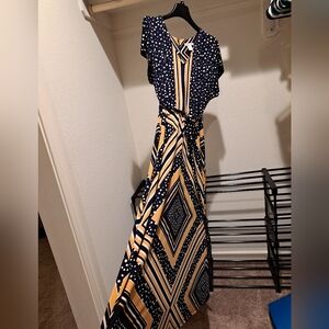 London Times - Navy and Yellow Geometric Maxi Dress